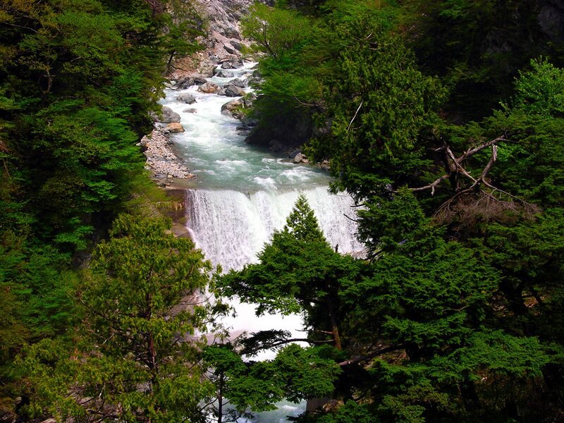 River Waterfall in Forest — Green, Serene, Afternoon, Photograph, Trees, Rocks, Water