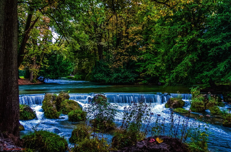 River Waterfall in Forest — Green, Serene, Autumn, Photograph, Trees, Rocks, Plants