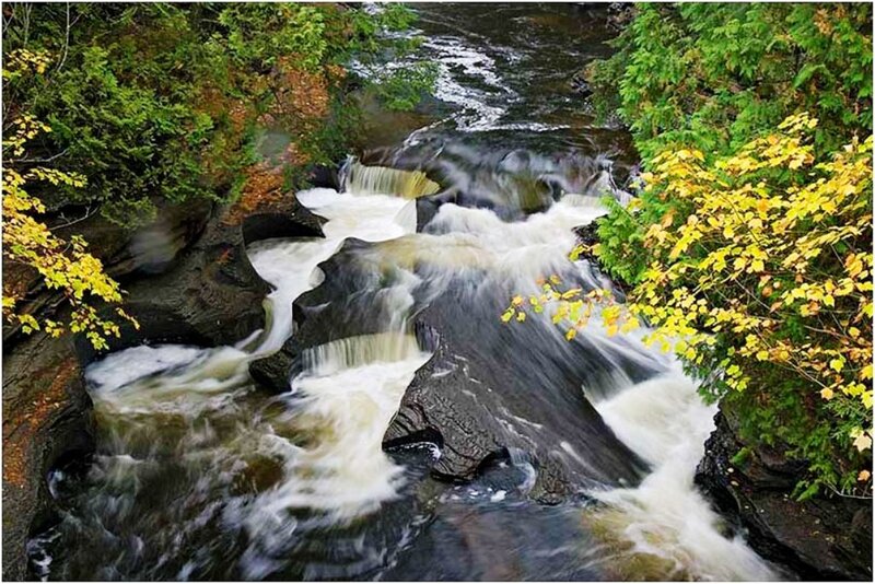 River Waterfall in Forest — Green, Serene, Autumn