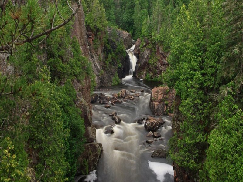 River Waterfall in Forest — Green, Serene, Photograph