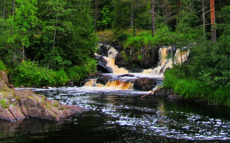 River Waterfall in Forest — Green, Serene, Summer, Photograph