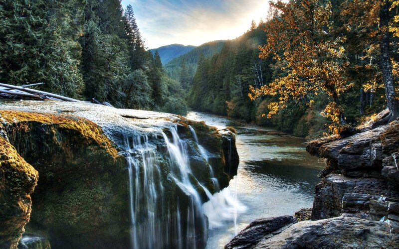 River Waterfall in Forest — Green, Serene, Sunset, Photograph, Trees