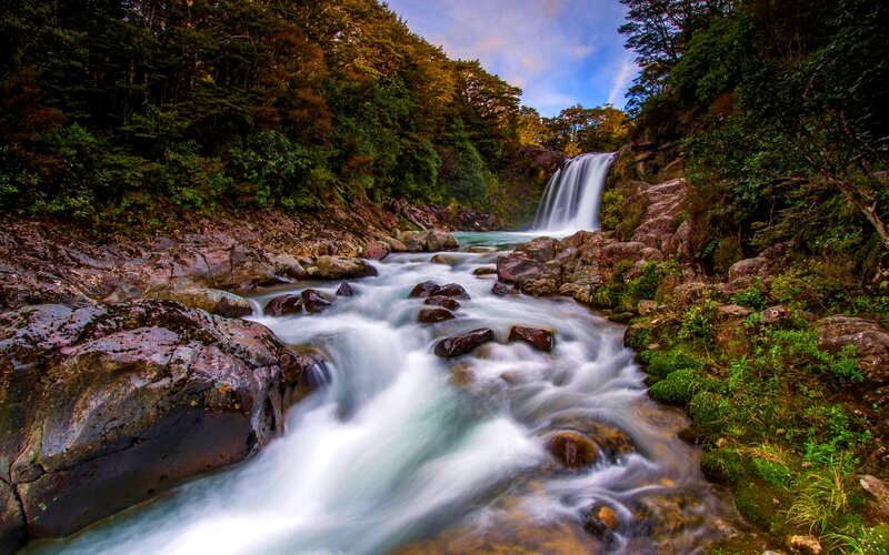 River Waterfall in Forest — Green, Serene, Sunset