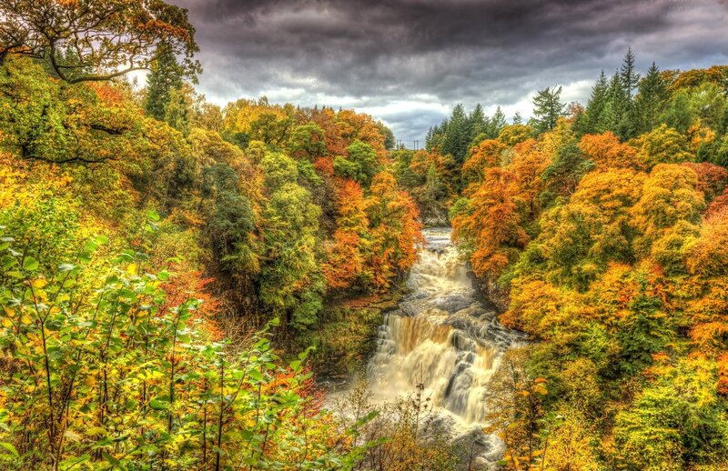 River Waterfall in Forest — Orange, Dramatic, Autumn, Photograph