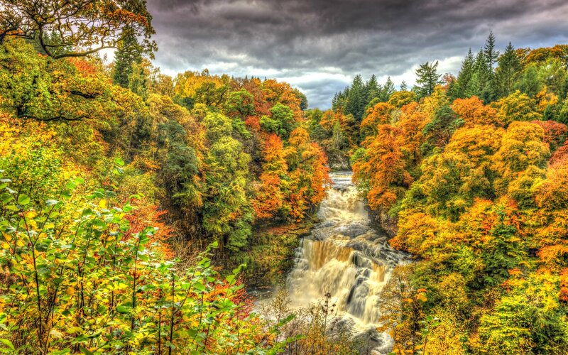 River Waterfall in Forest — Orange, Dramatic, Autumn