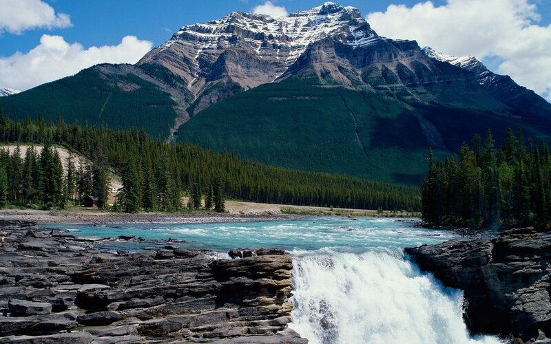 River Waterfall in Mountains — Blue, Dramatic, Afternoon, Photograph, Mountain