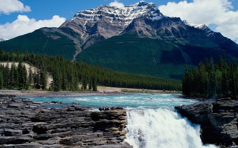River Waterfall in Mountains — Blue, Dramatic, Afternoon, Photograph