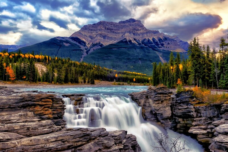 River Waterfall in Mountains — Blue, Dramatic, Autumn