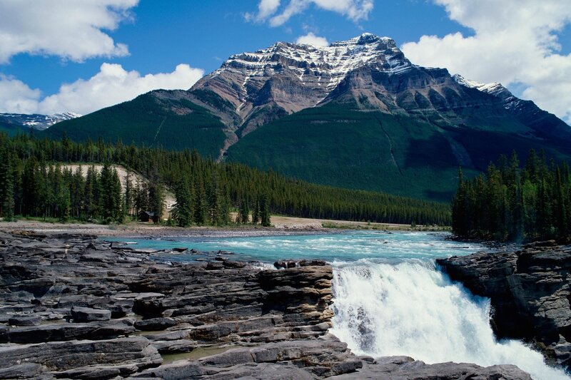 River Waterfall in Mountains — Blue, Serene, Afternoon, Photograph, Mountain, Forest, Green, Gray
