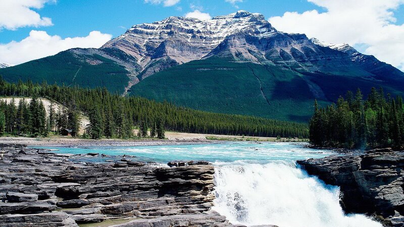River Waterfall in Mountains — Blue, Serene, Afternoon, Photograph, Mountain, Forest, Green, White