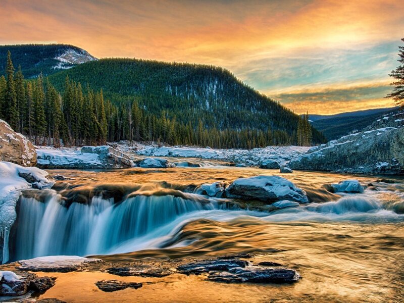 River Waterfall in Mountains — Blue, Serene, Sunset