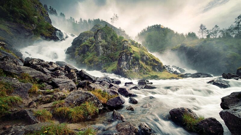 River Waterfall in Mountains — Green, Dramatic, Photograph