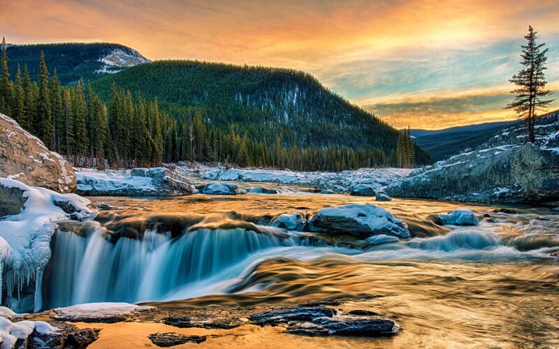 River Waterfall in Winter — Blue