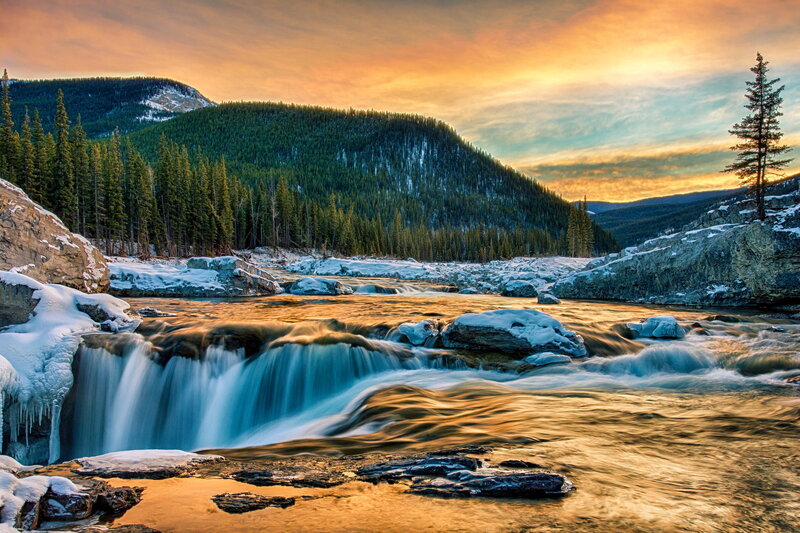 River Waterfall in Winter — Orange