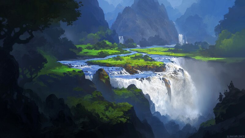 River Waterfall Landscape — Blue, Dramatic, Afternoon