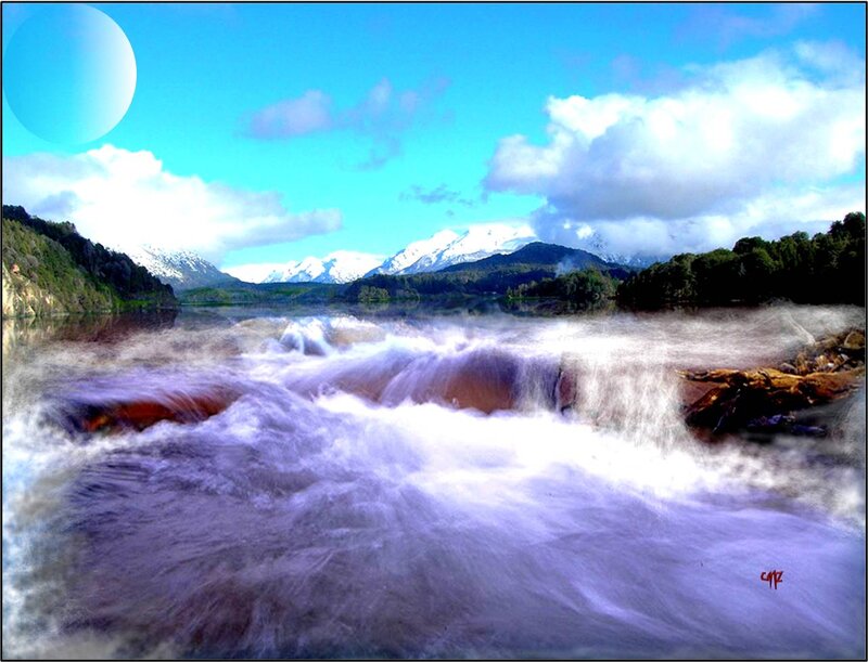 River Waterfall Landscape — Blue, Dramatic