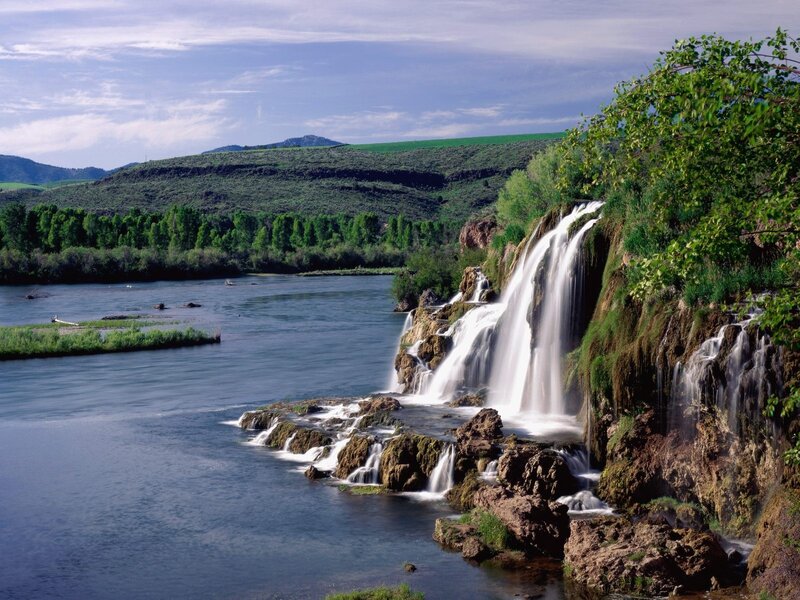 River Waterfall Landscape — Blue, Serene, Afternoon, Photograph, Trees, Hills