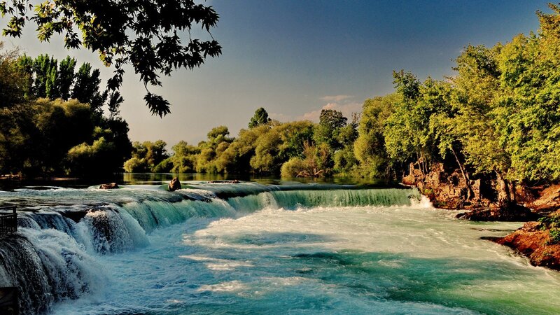 River Waterfall Landscape — Blue, Serene, Afternoon, Photograph, Trees