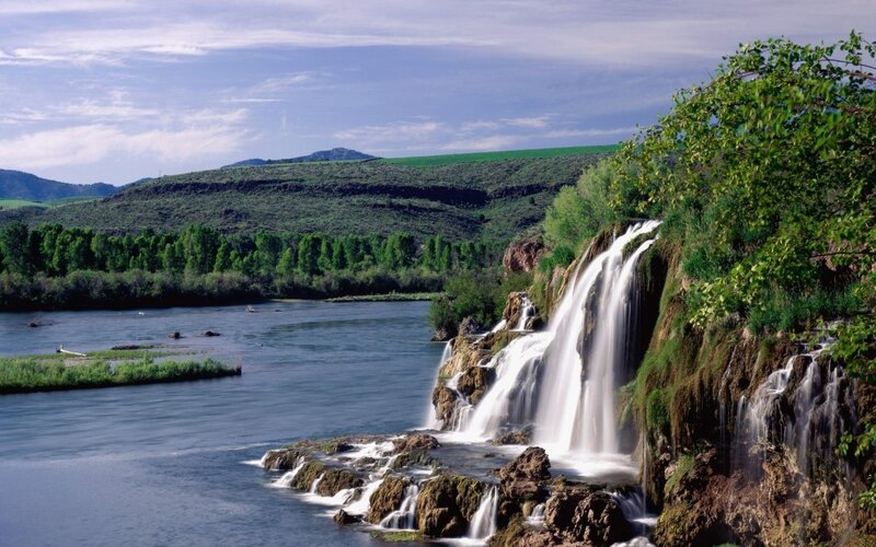 River Waterfall Landscape — Blue, Serene, Afternoon