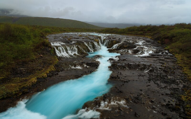 River Waterfall Landscape — Blue, Serene, Photograph