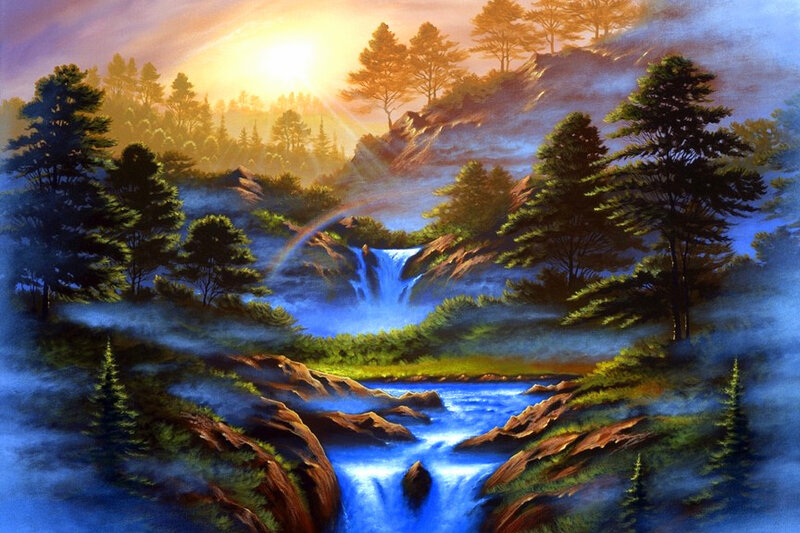 River Waterfall Landscape — Blue, Serene, Sunrise