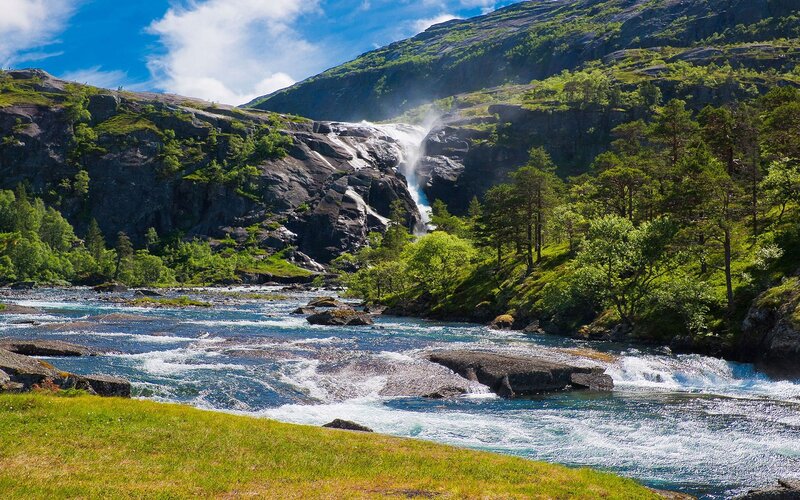 River Waterfall Landscape — Blue, Serene