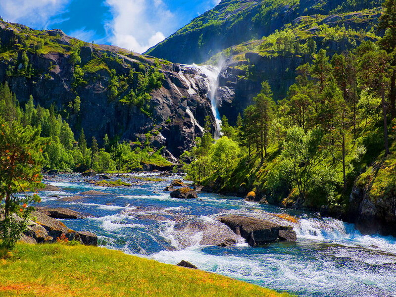 River Waterfall Landscape — Blue