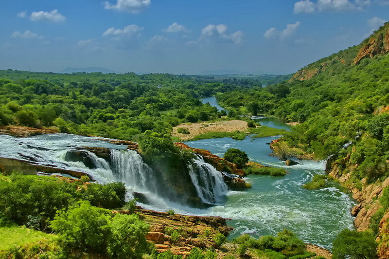 River Waterfall Landscape — Green, Serene, Afternoon