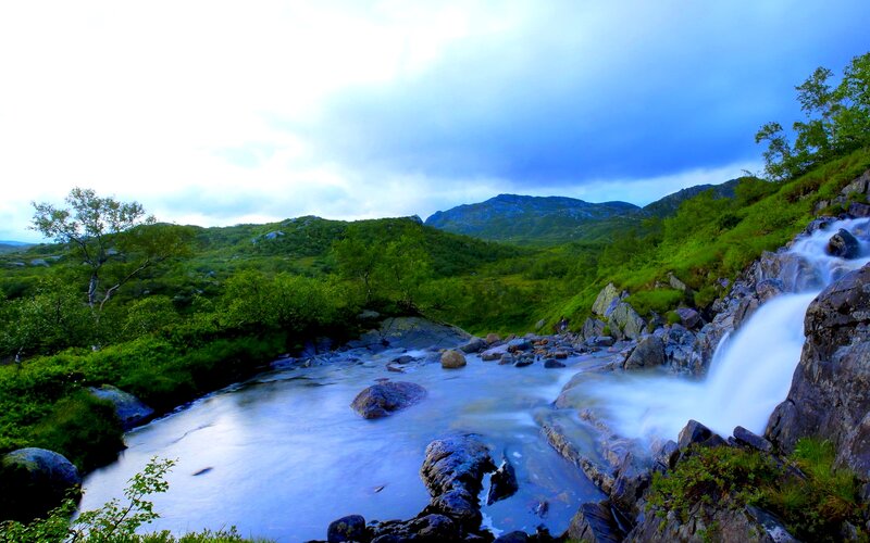 River Waterfall Landscape — Green, Serene