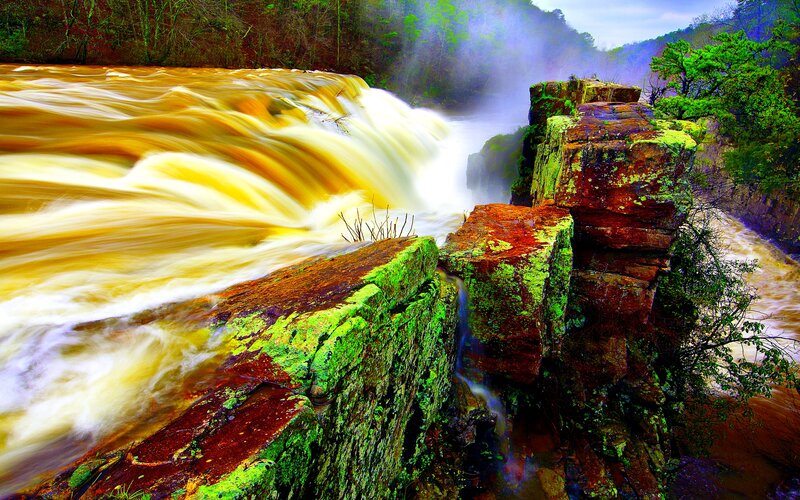 River Waterfall over Rocks — Green, Dramatic