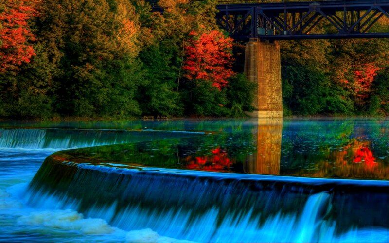 River Waterfall under Bridge — Blue