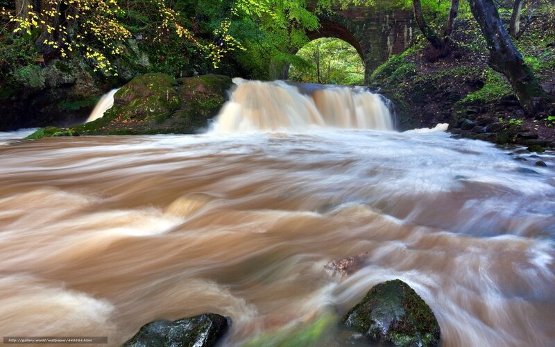 River Waterfall under Bridge — Green, Serene