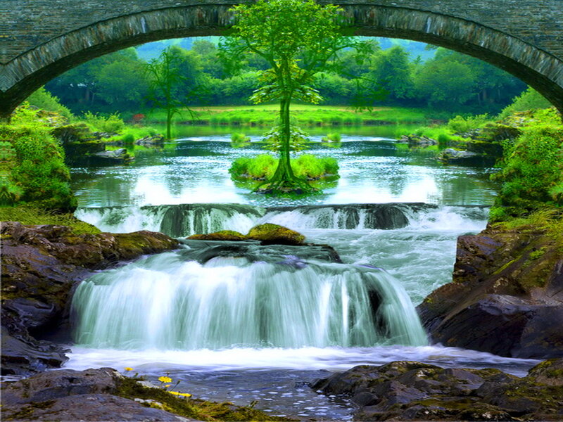 River Waterfall under Bridge — Green
