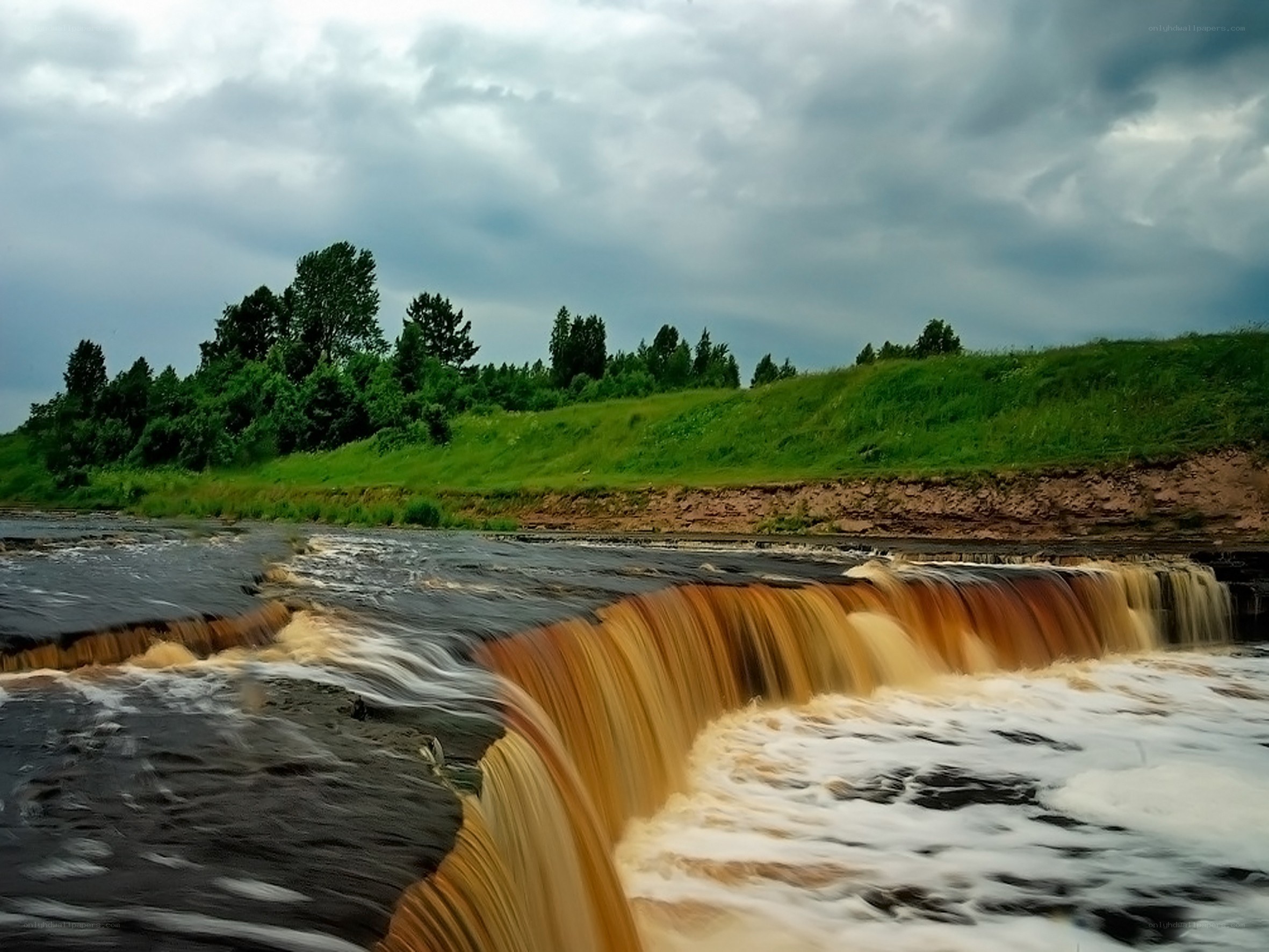 River waterfall under cloudy sky