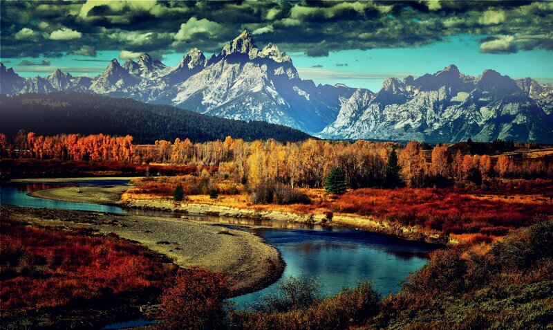 River Winding Through Autumn Valley — Blue