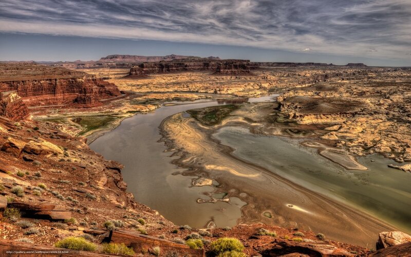 River Winding Through Canyon — Brown, Dramatic, Afternoon, Photograph, Cliffs, Sky