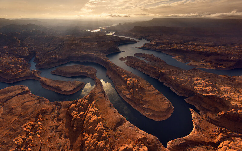 River Winding Through Canyon — Brown, Dramatic, Sunset, Photograph