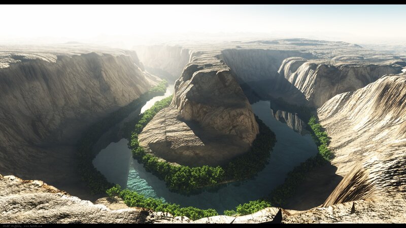 River Winding Through Canyon — Brown, Serene, Morning