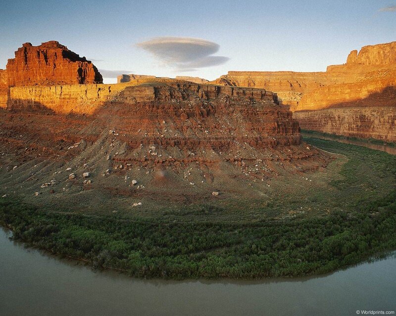 River Winding Through Canyon — Brown, Serene, Sunset