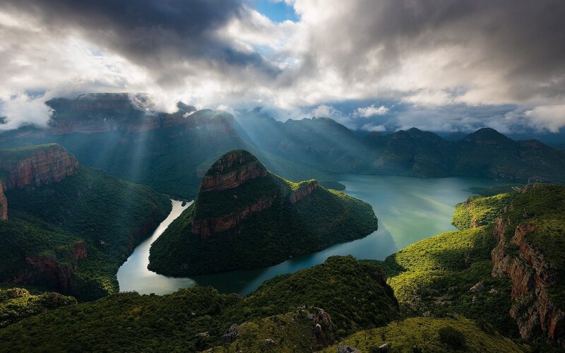 River Winding Through Canyon — Green, Dramatic, Morning