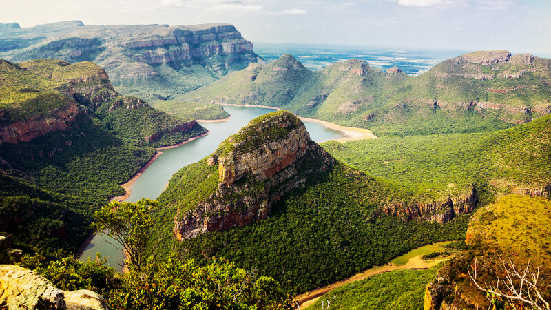 River Winding Through Canyon — Green, Serene, Afternoon, Photograph, Mountains