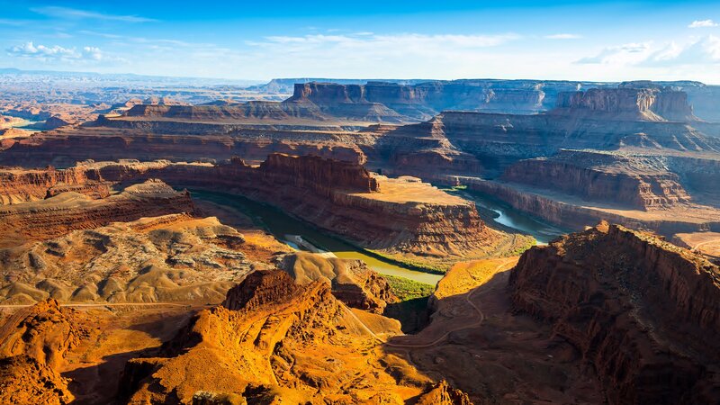 River Winding Through Canyon — Red, Dramatic, Afternoon, Photograph, Sky