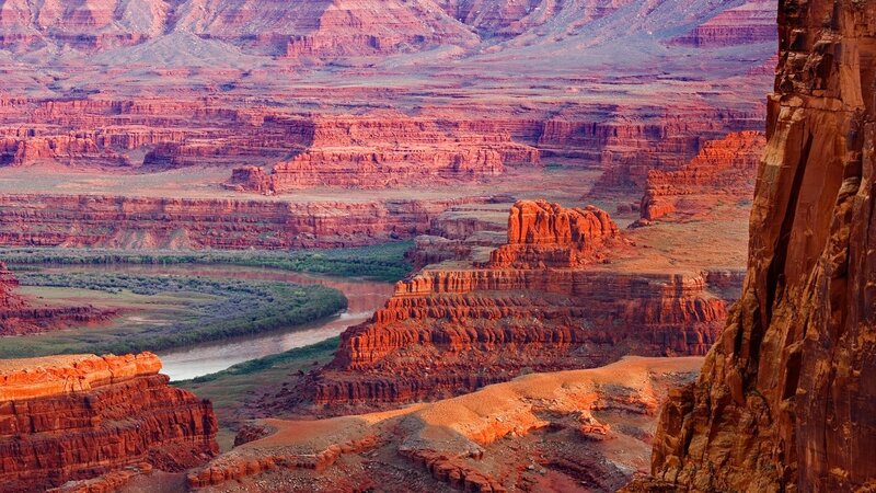 River Winding Through Canyon — Red, Dramatic, Sunset, Photograph, Rock Formations