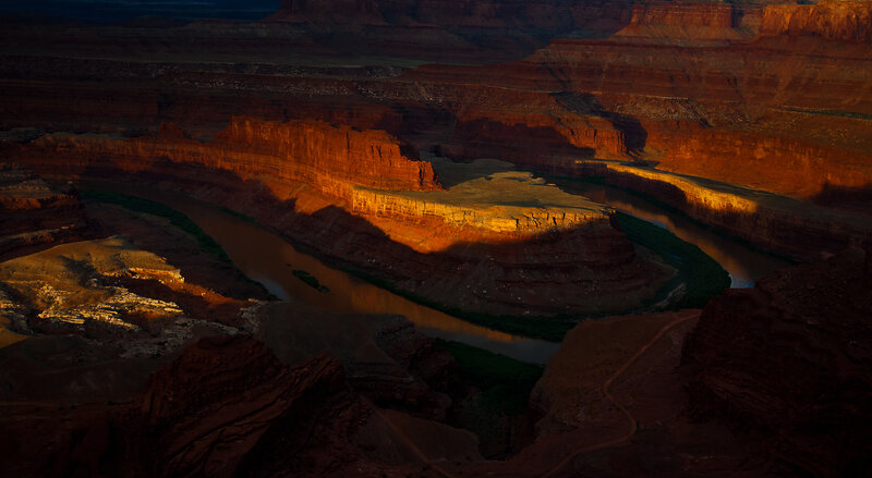 River Winding Through Canyon — Red, Dramatic, Sunset, Photograph, Sandstone
