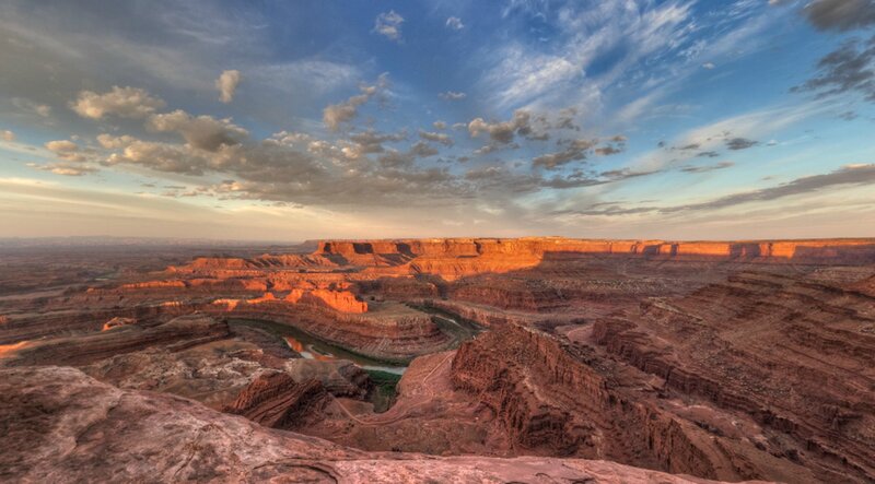 River Winding Through Canyon — Red, Dramatic, Sunset, Photograph, Sky, Clouds