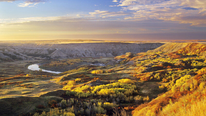 River Winding Through Canyon — Yellow, Serene, Sunset