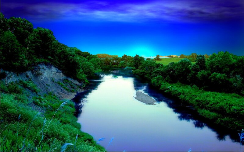 River Winding Through Forest — Blue, Dramatic