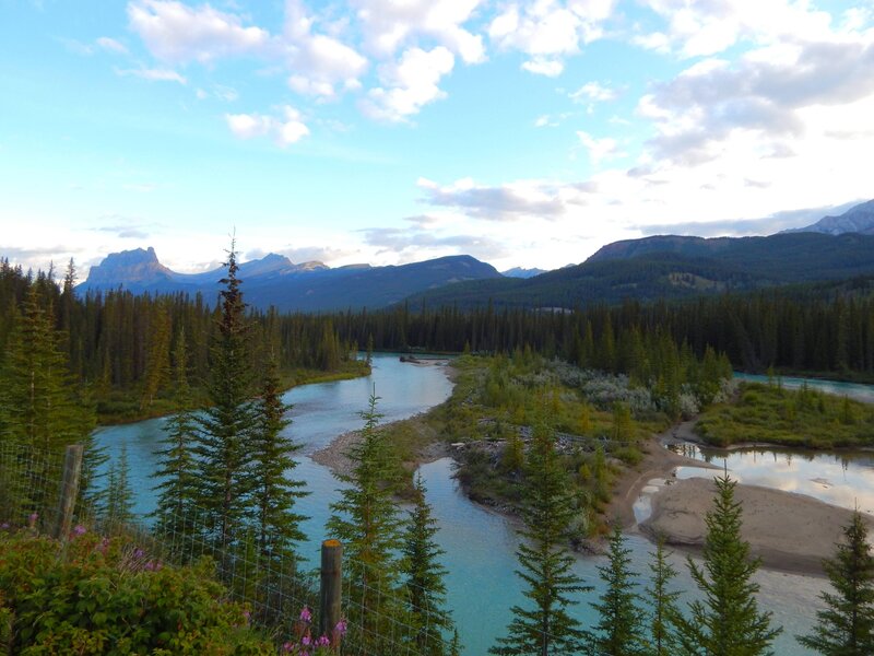 River Winding Through Forest — Blue, Serene, Afternoon, Photograph, Mountains