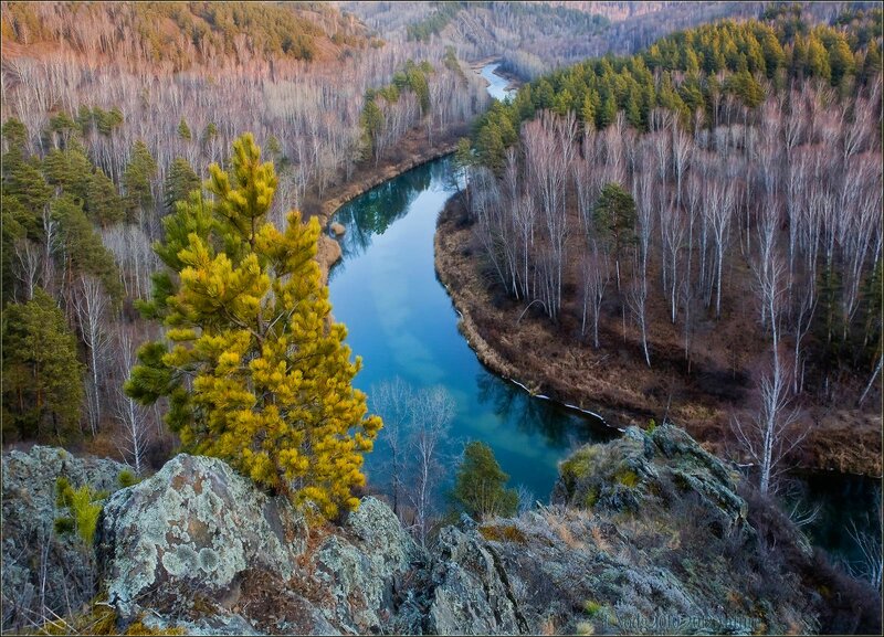 River Winding Through Forest — Blue, Serene, Autumn, Photograph, Trees, Rocks