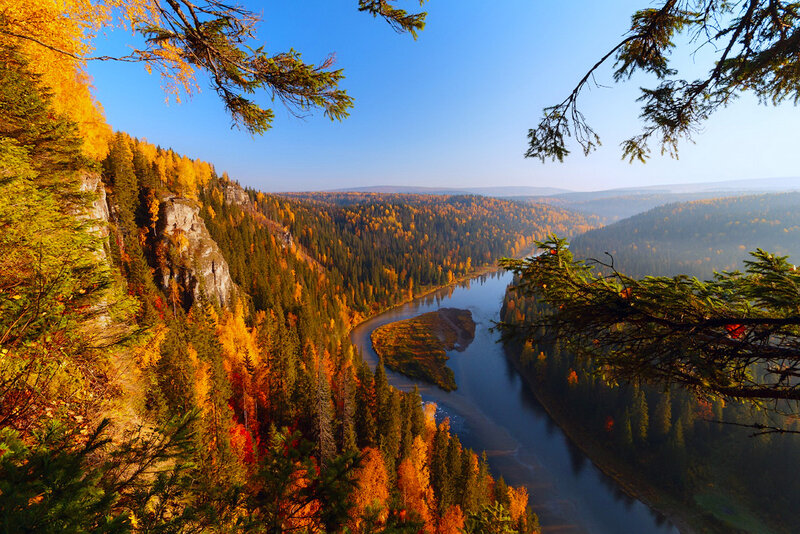 River Winding Through Forest — Blue, Serene, Autumn, Photograph, Trees